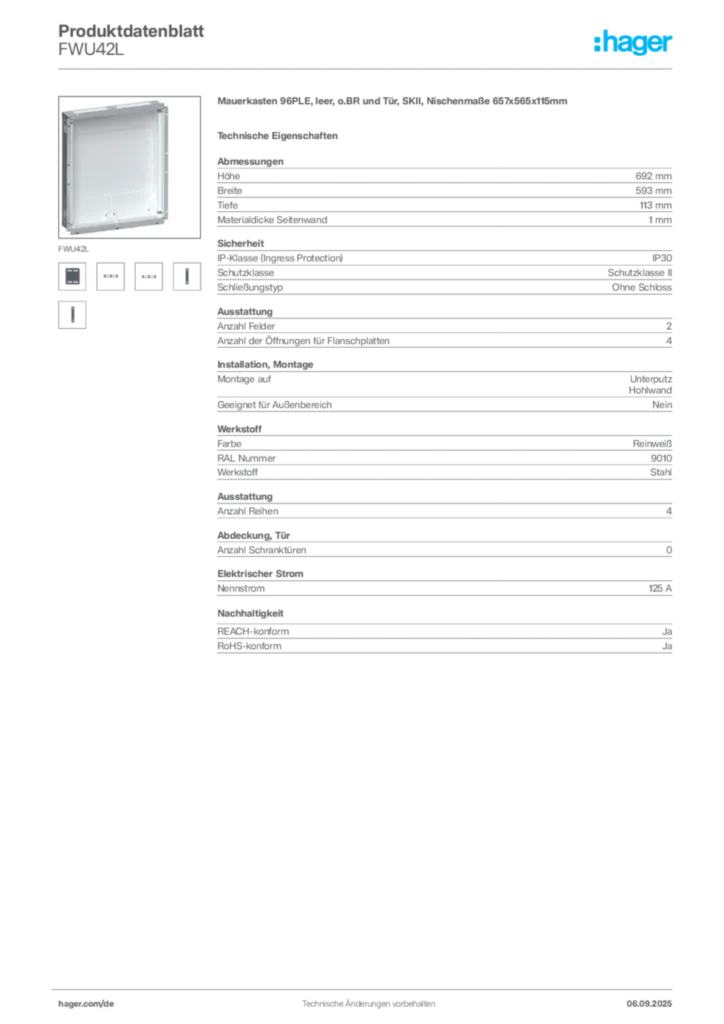 Bild Hager Produktdatenblatt FWU42L | Hager Deutschland