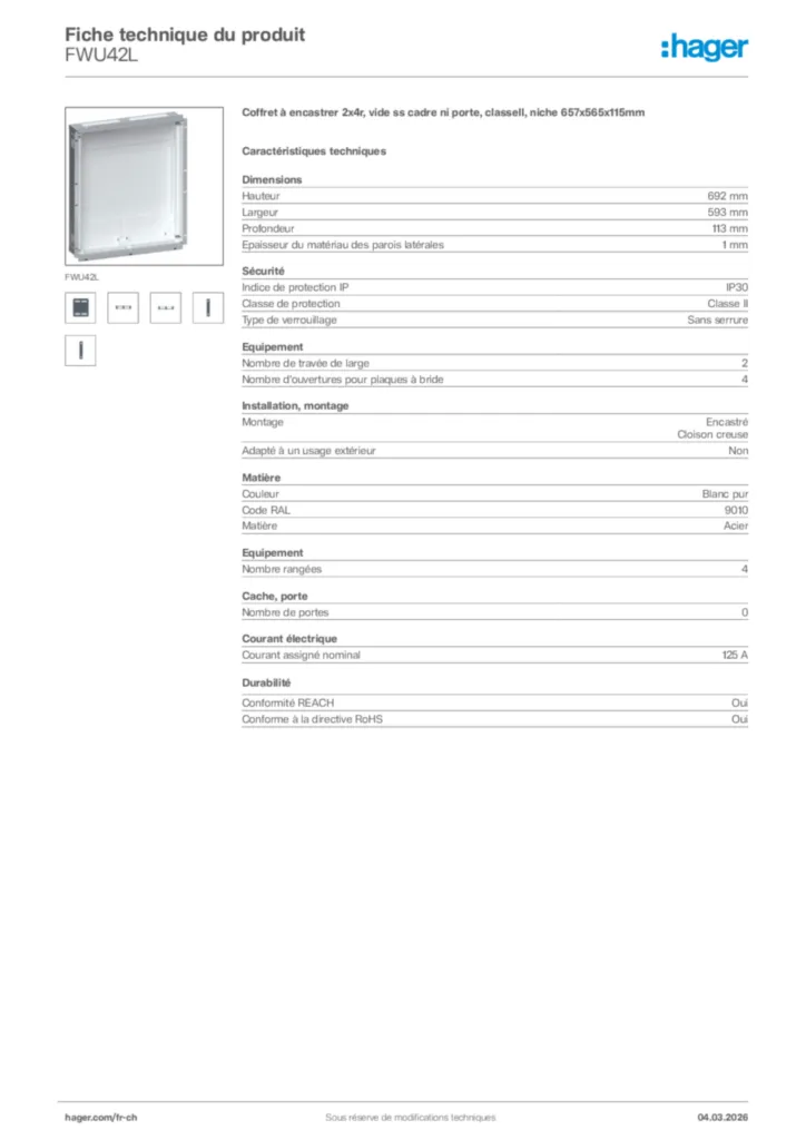Image Hager Fiche technique du produit FWU42L | Hager Suisse