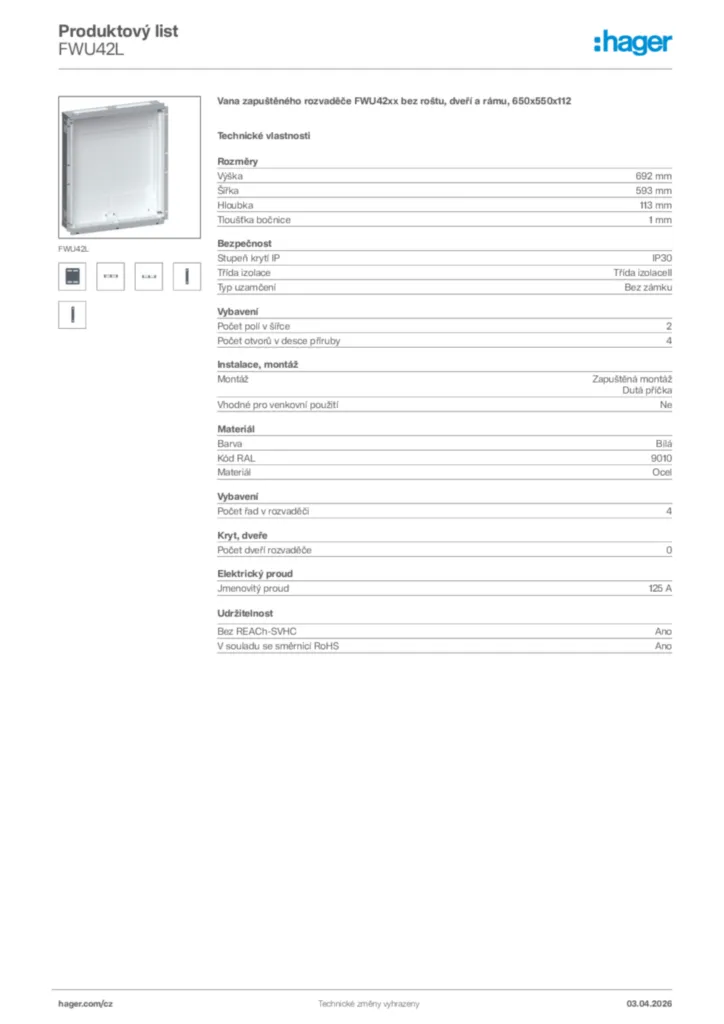 Obrázek Hager Product data sheet FWU42L | Hager