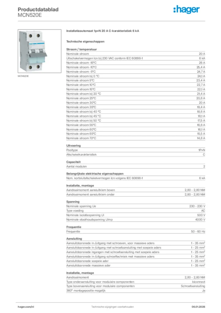 Afbeelding Hager Productdatablad MCN520E | Hager Nederland
