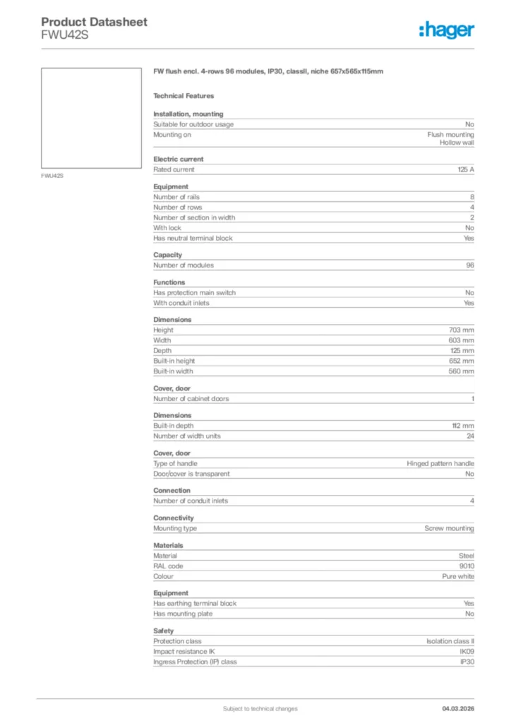 Image Hager Product data sheet FWU42S  | Hager Africa