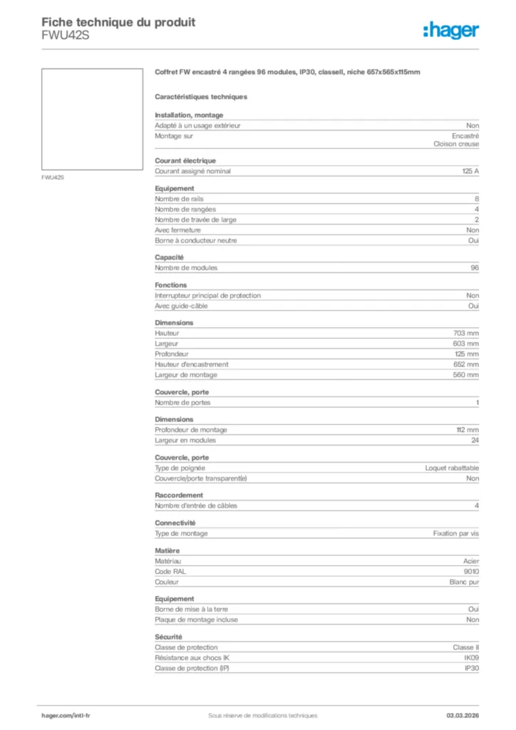 Image Hager Fiche technique du produit FWU42S | Hager Afrique