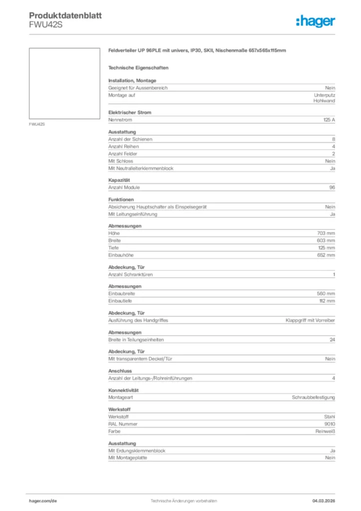 Bild Hager Produktdatenblatt FWU42S | Hager Deutschland