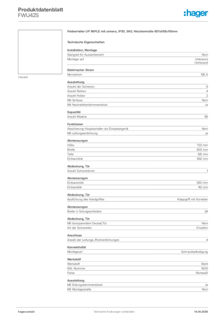 Bild Hager Produktdatenblatt FWU42S | Hager Deutschland