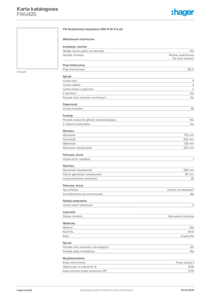 Zdjęcie Hager Karta katalogowa FWU42S | Hager Polska