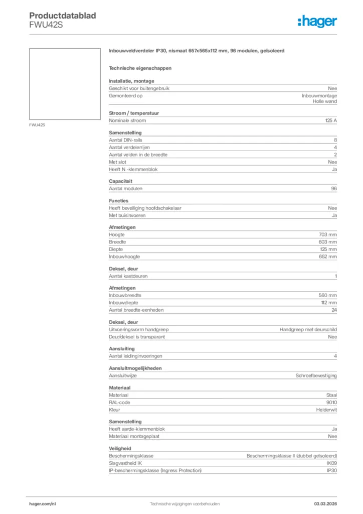 Afbeelding Hager Productdatablad FWU42S | Hager Nederland