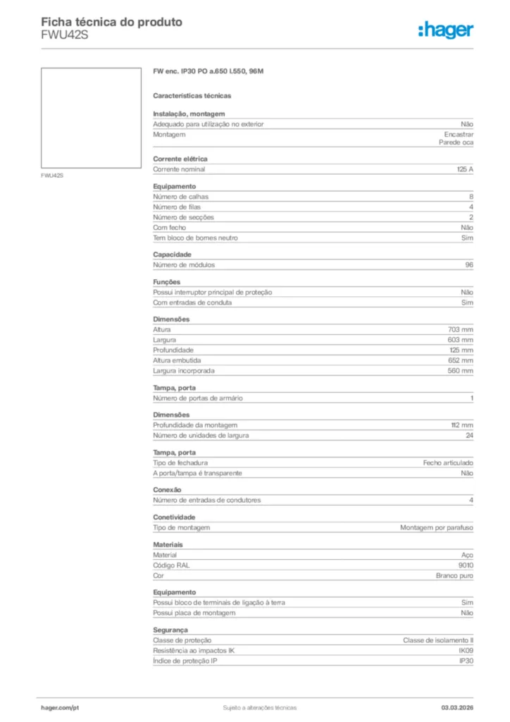 Imagem Hager Ficha técnica do produto FWU42S | Hager Portugal