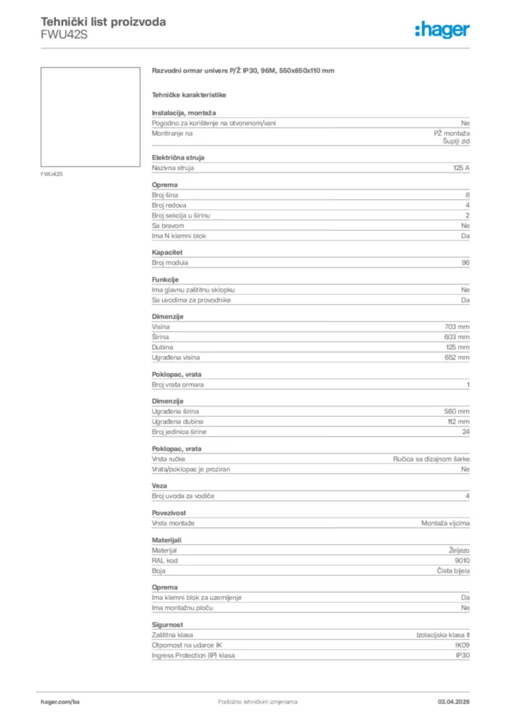 Slika Hager Tehnički list proizvoda FWU42S  | Hager