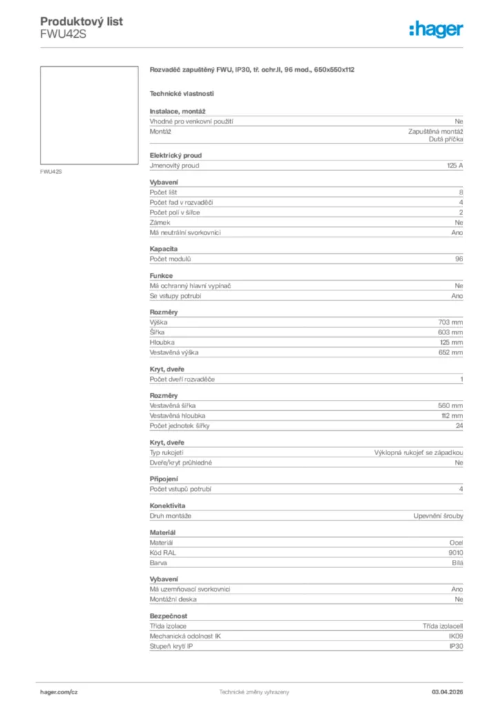 Obrázek Hager Product data sheet FWU42S | Hager