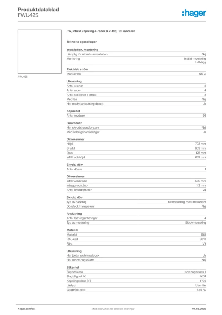 Bild Hager Produktdatablad FWU42S | Hager Sverige