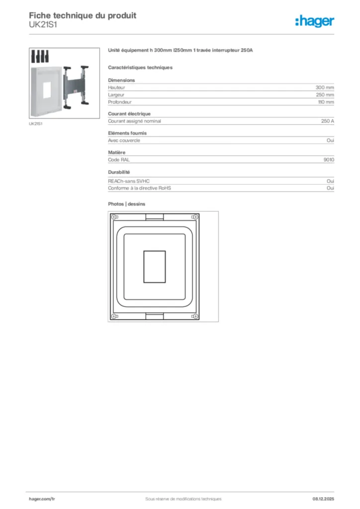 Image Hager Fiche technique du produit UK21S1 | Hager France