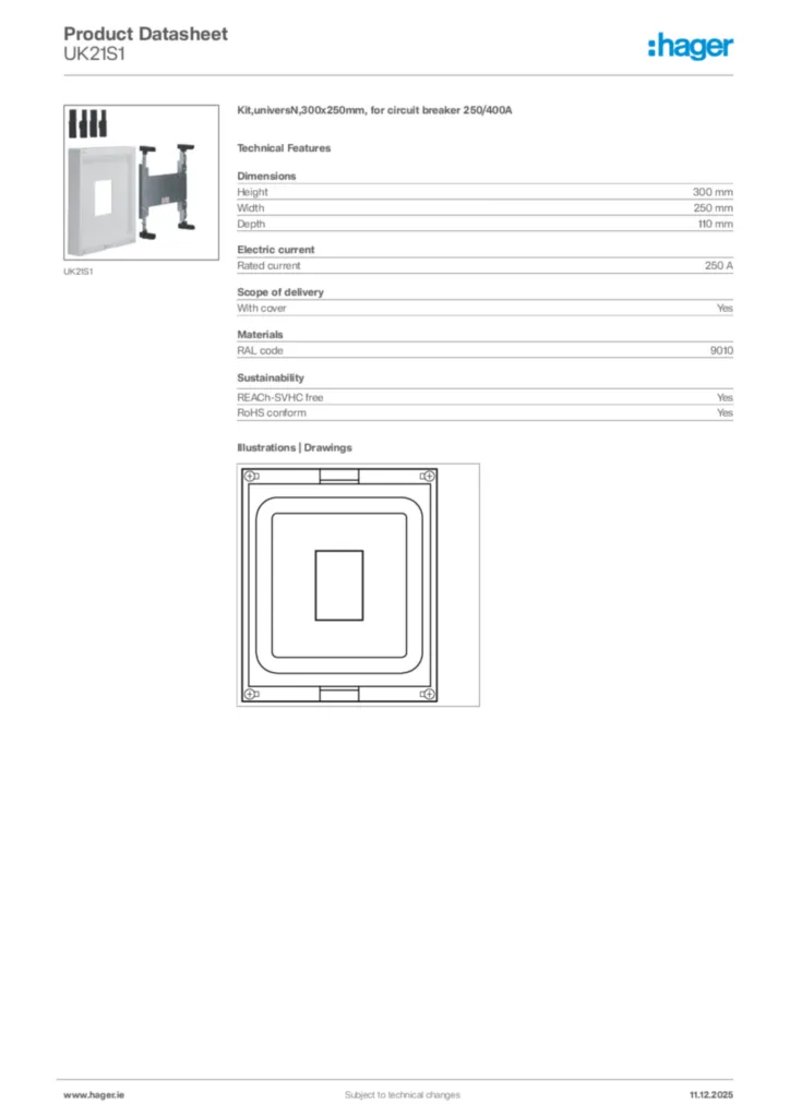 Image Hager Product data sheet UK21S1  | Hager