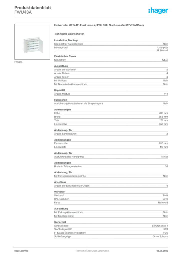 Bild Hager Produktdatenblatt FWU43A | Hager Deutschland