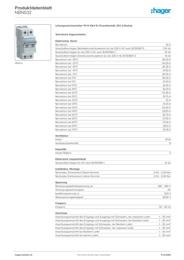 Bild Hager Produktdatenblatt NBN532 | Hager Schweiz