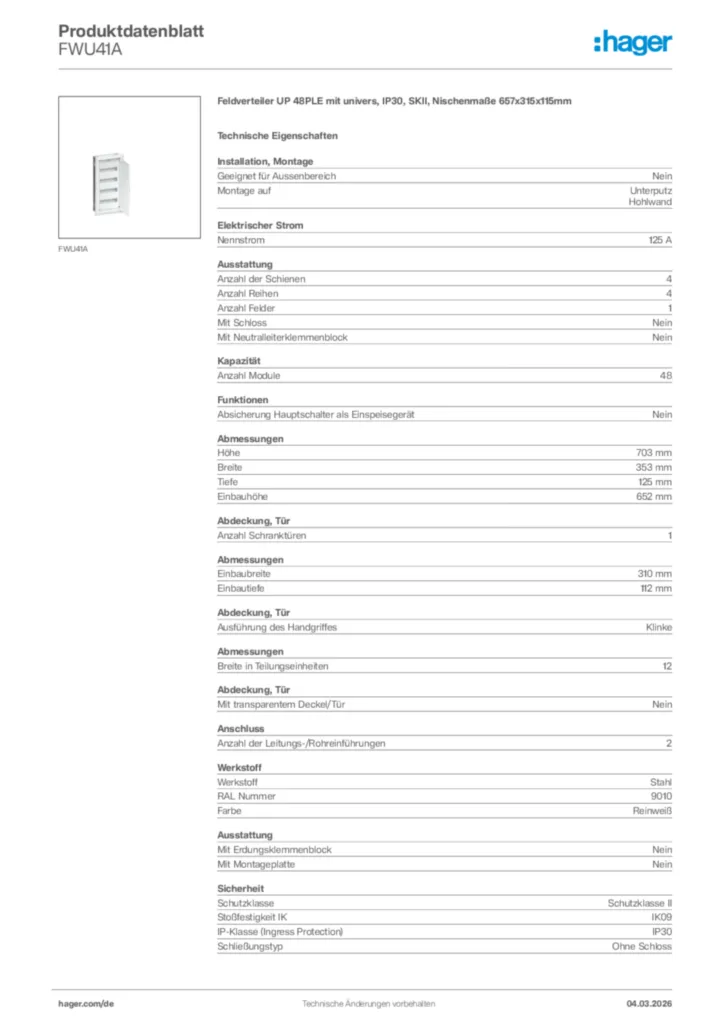 Bild Hager Produktdatenblatt FWU41A | Hager Deutschland