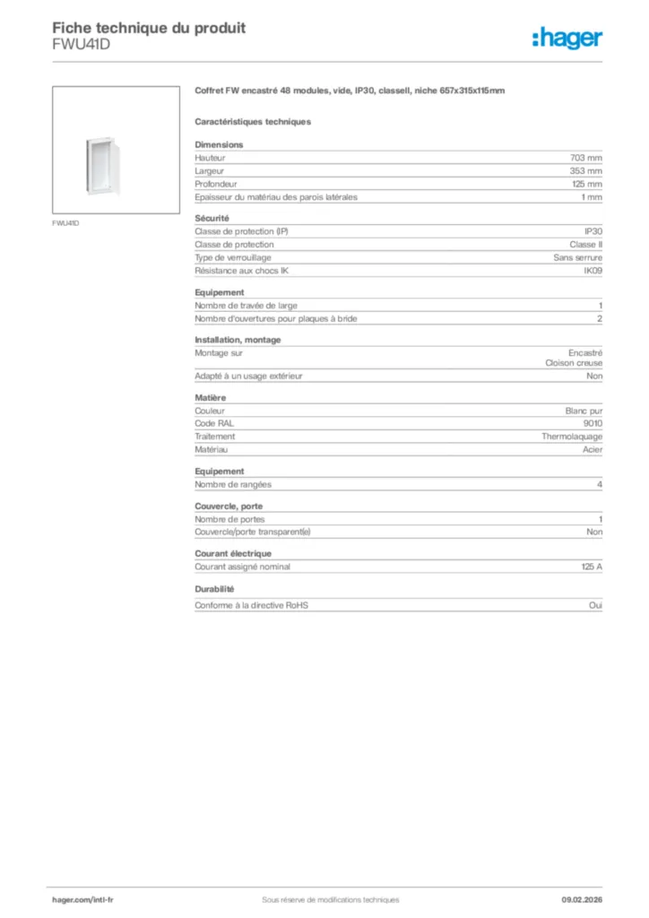 Image Hager Fiche technique du produit FWU41D | Hager Afrique