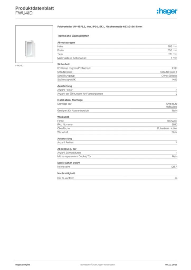 Bild Hager Produktdatenblatt FWU41D | Hager Deutschland