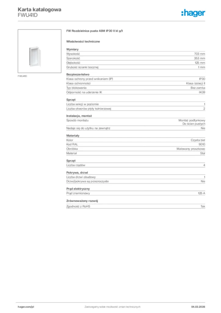 Zdjęcie Hager Karta katalogowa FWU41D | Hager Polska