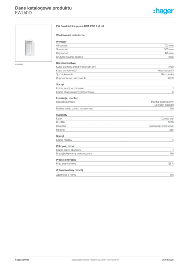 Zdjęcie Hager Dane katalogowe produktu FWU41D | Hager Polska