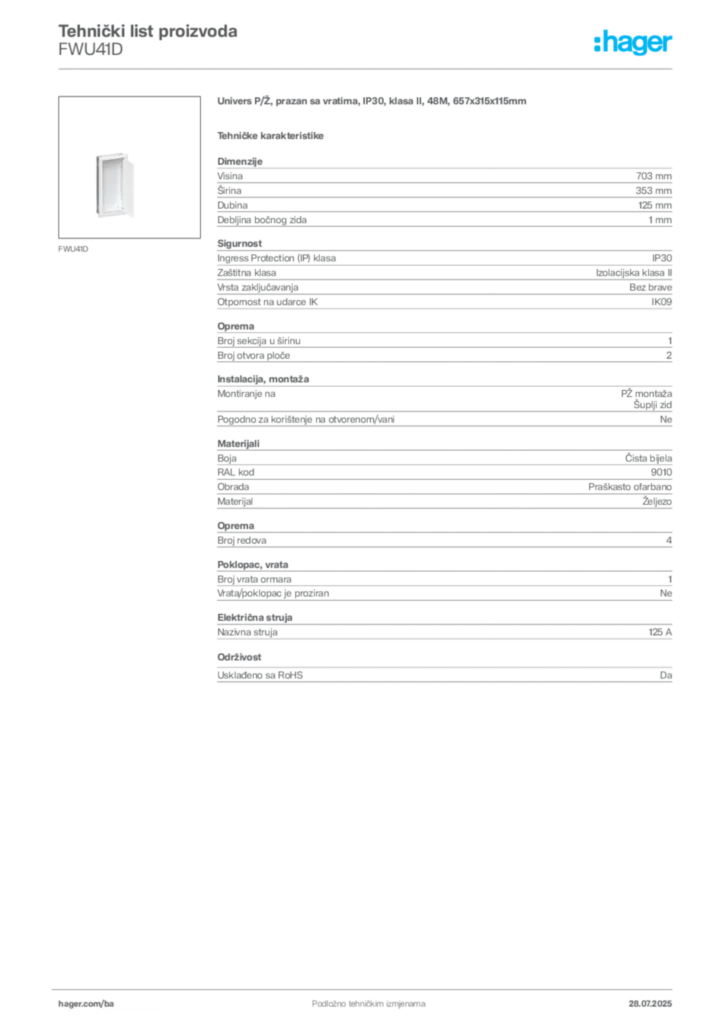 Slika Hager Product data sheet FWU41D  | Hager