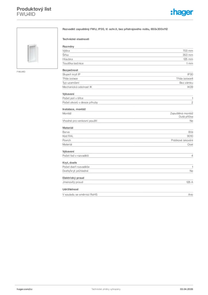Obrázek Hager Product data sheet FWU41D | Hager
