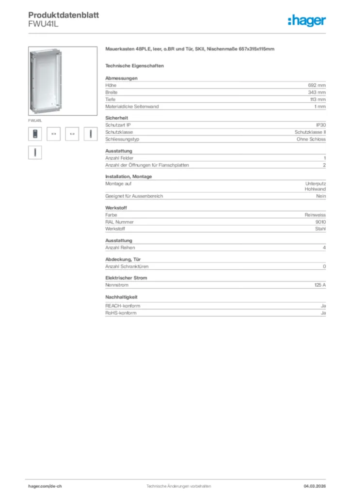 Bild Hager Produktdatenblatt FWU41L | Hager Schweiz