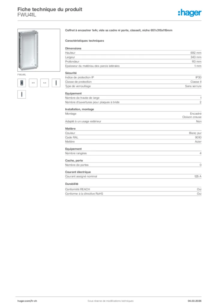 Image Hager Fiche technique du produit FWU41L | Hager Suisse
