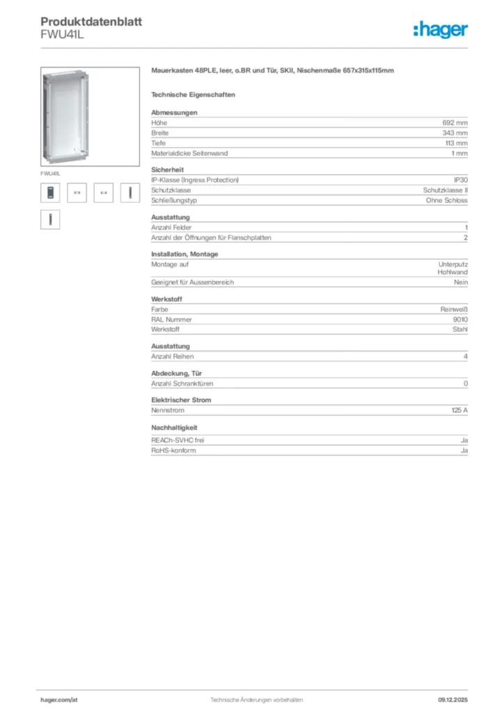 Bild Hager Produktdatenblatt FWU41L | Hager Deutschland