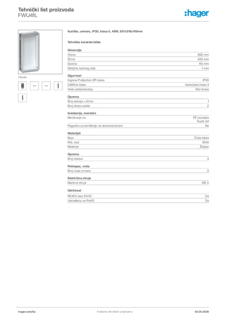 Slika Hager Tehnički list proizvoda FWU41L  | Hager
