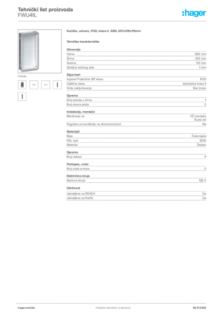Slika Hager Product data sheet FWU41L  | Hager