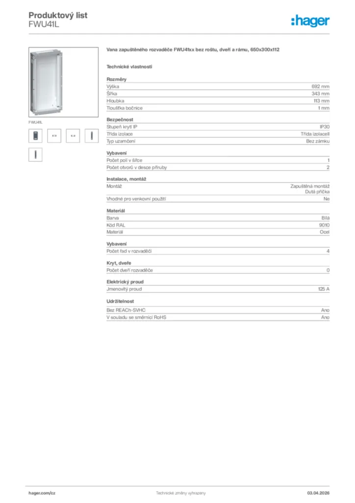 Obrázek Hager Product data sheet FWU41L | Hager