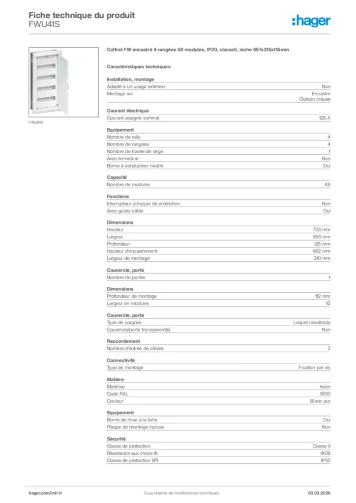 Image Hager Fiche technique du produit FWU41S | Hager Afrique