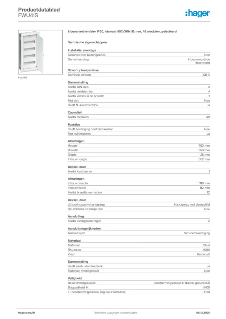 Afbeelding Hager Productdatablad FWU41S | Hager Nederland