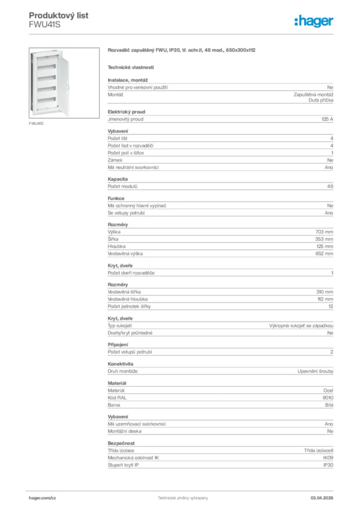 Obrázek Hager Product data sheet FWU41S | Hager