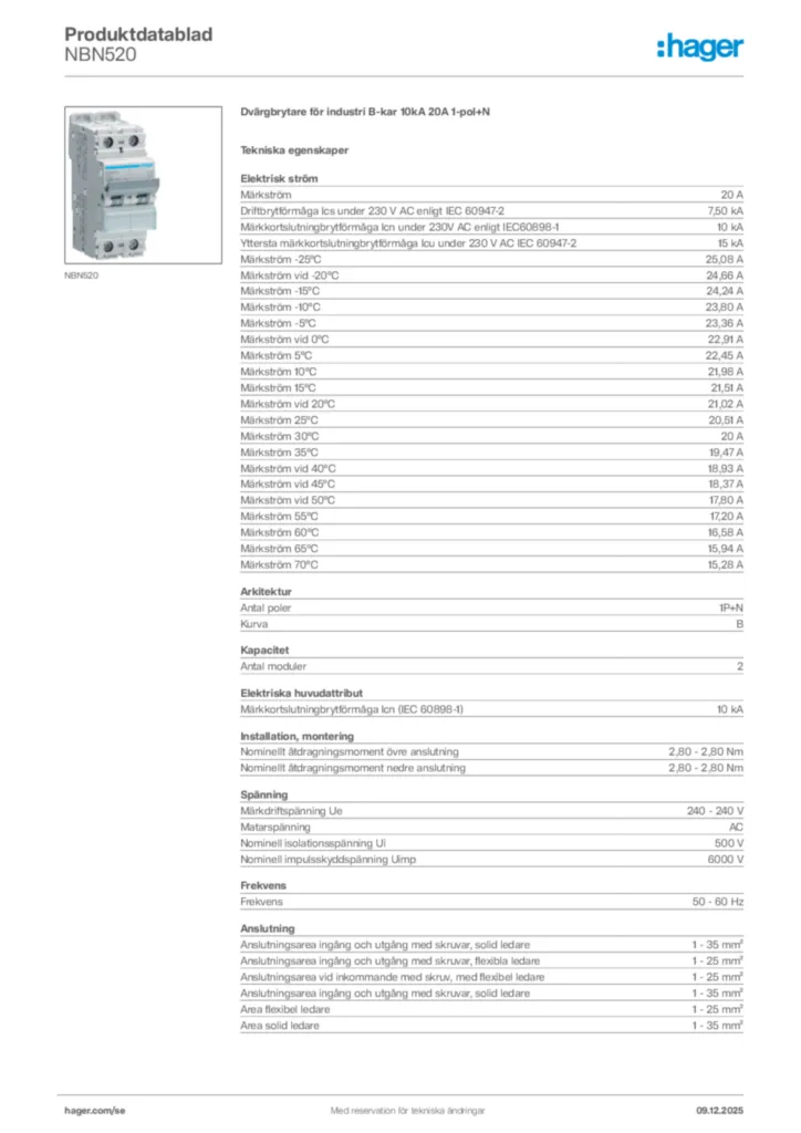 Bild Hager Produktdatablad NBN520 | Hager Sverige