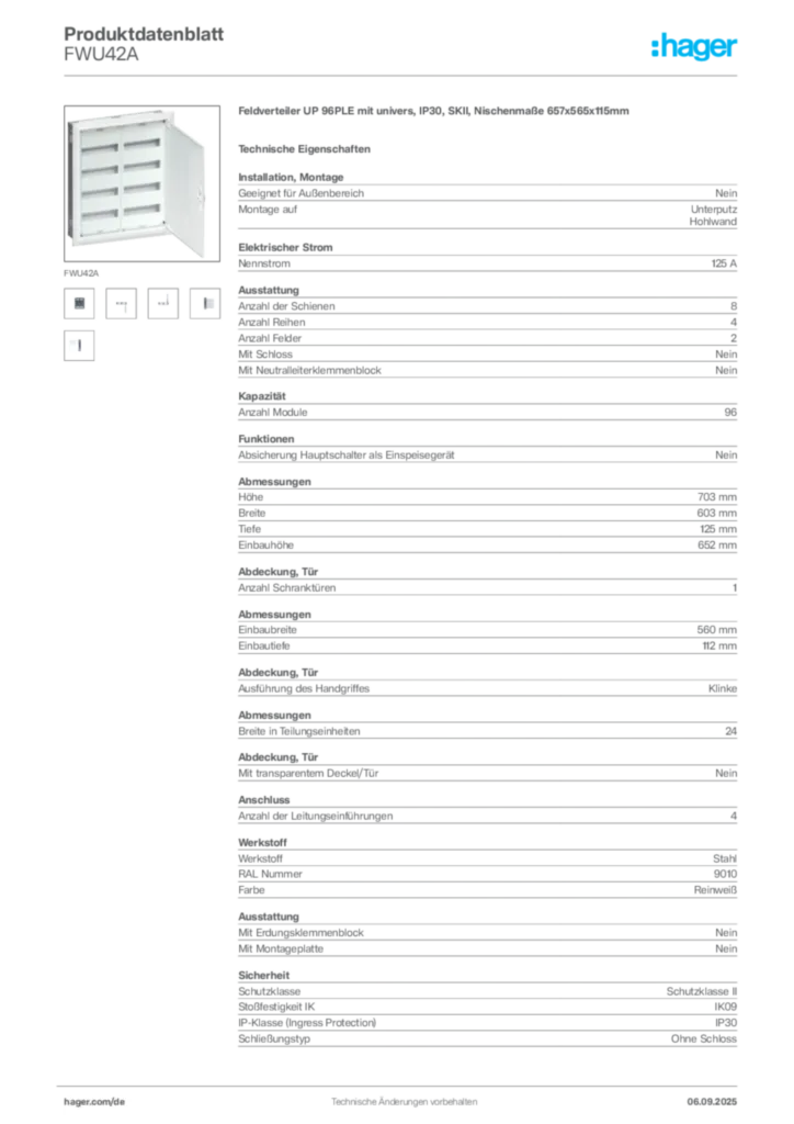 Bild Hager Produktdatenblatt FWU42A | Hager Deutschland