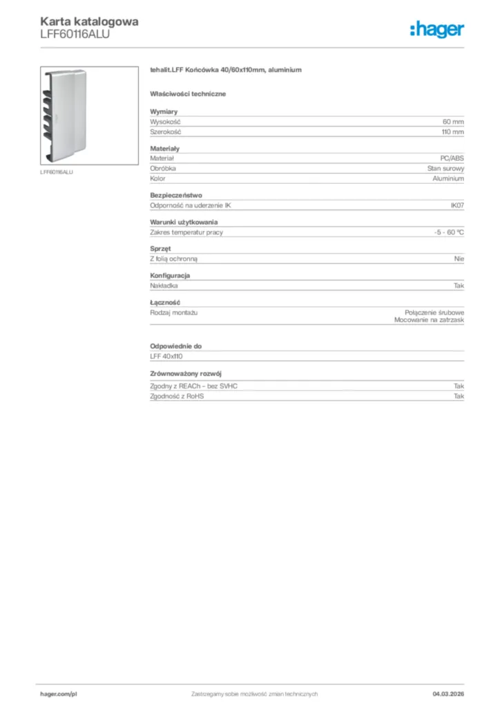 Zdjęcie Hager Karta katalogowa LFF60116ALU | Hager Polska