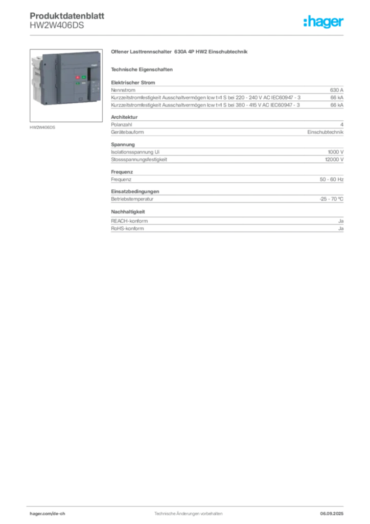 Bild Hager Produktdatenblatt HW2W406DS | Hager Schweiz