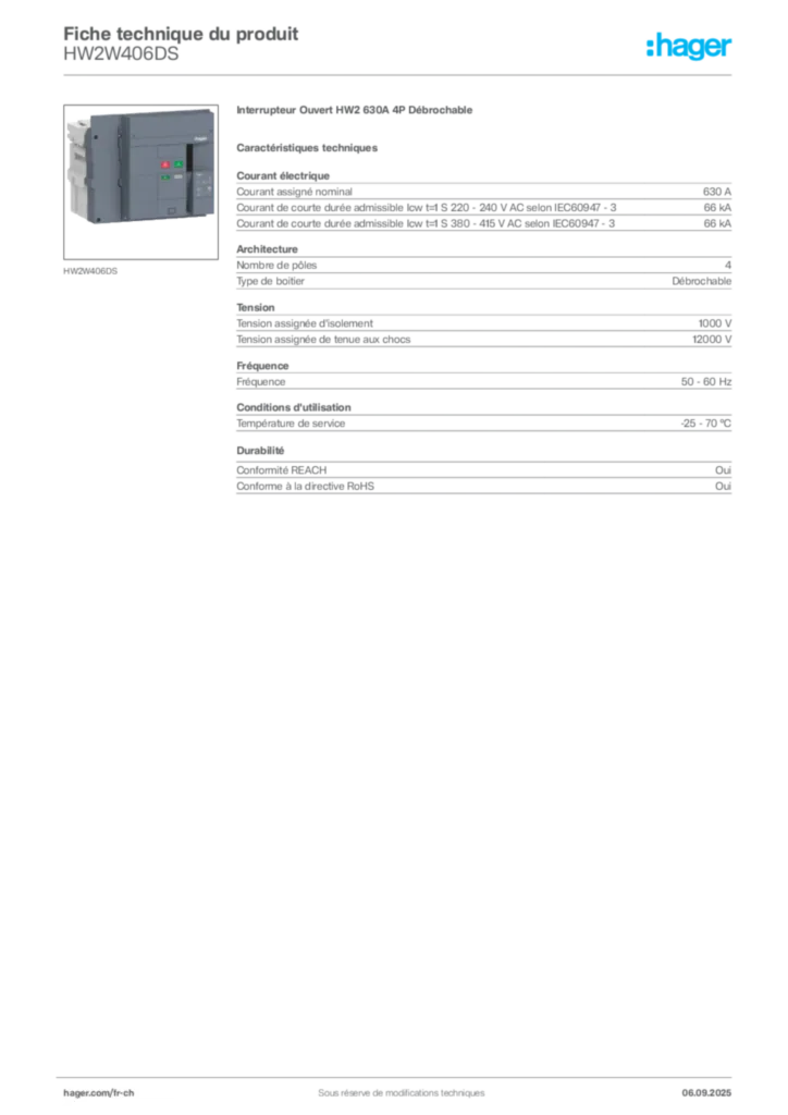 Image Hager Fiche technique du produit HW2W406DS | Hager Suisse