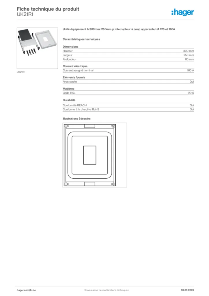 Image Hager Fiche technique du produit UK21R1 | Hager Belgique