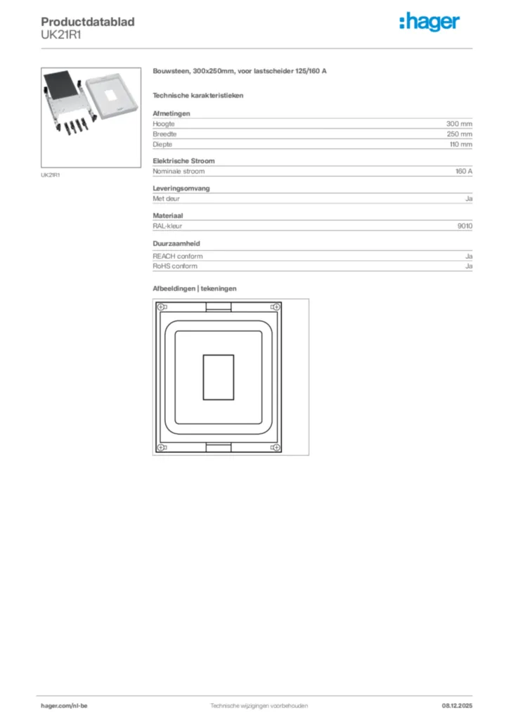 Afbeelding Hager Productdatablad UK21R1 | Hager Belgium