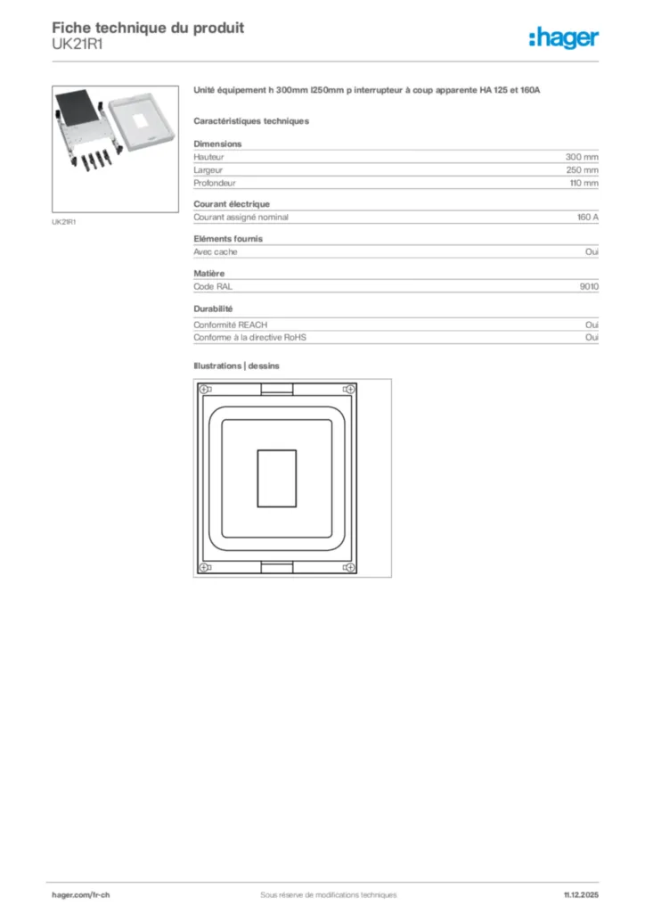 Image Hager Fiche technique du produit UK21R1 | Hager Suisse