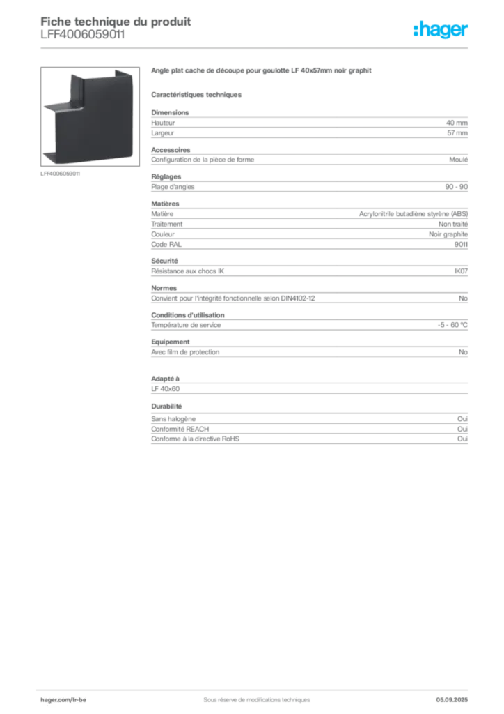 Image Hager Fiche technique du produit LFF4006059011 | Hager Belgique