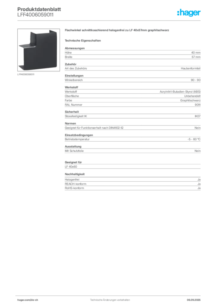 Bild Hager Produktdatenblatt LFF4006059011 | Hager Schweiz