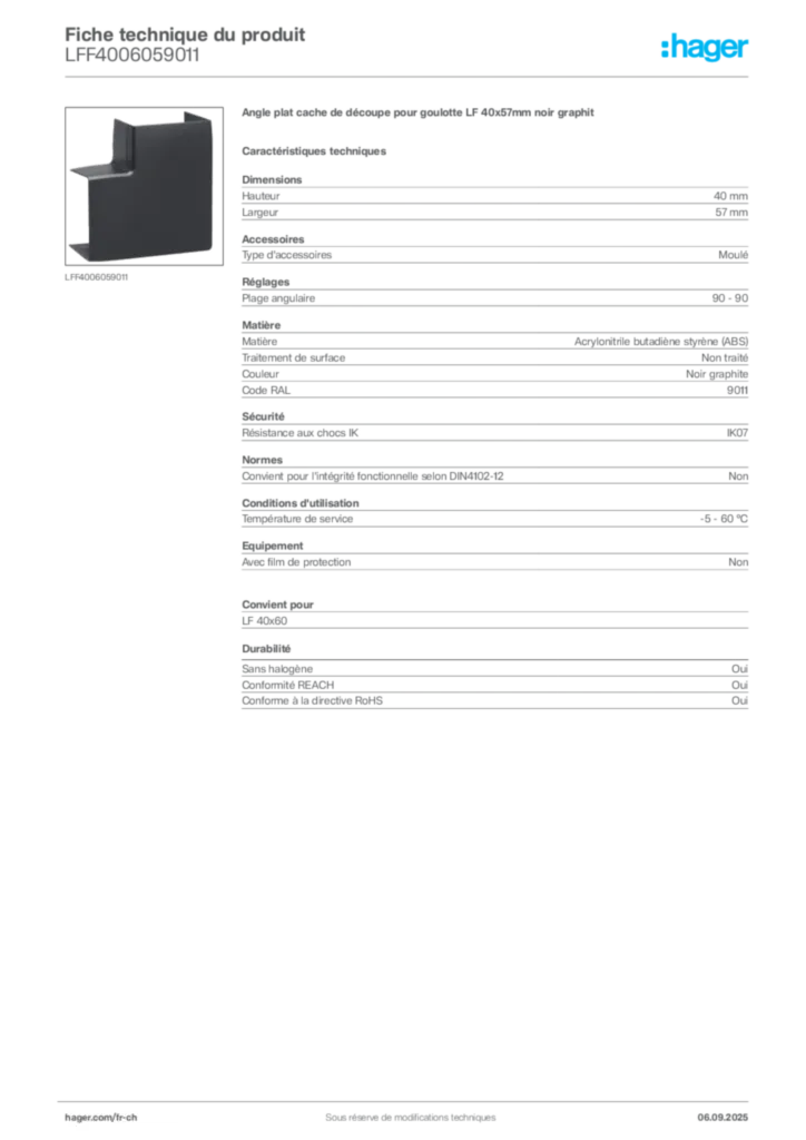 Image Hager Fiche technique du produit LFF4006059011 | Hager Suisse