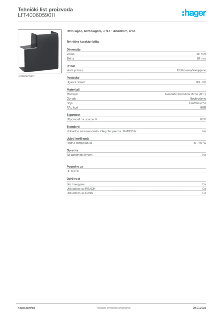 Slika Hager Product data sheet LFF4006059011  | Hager