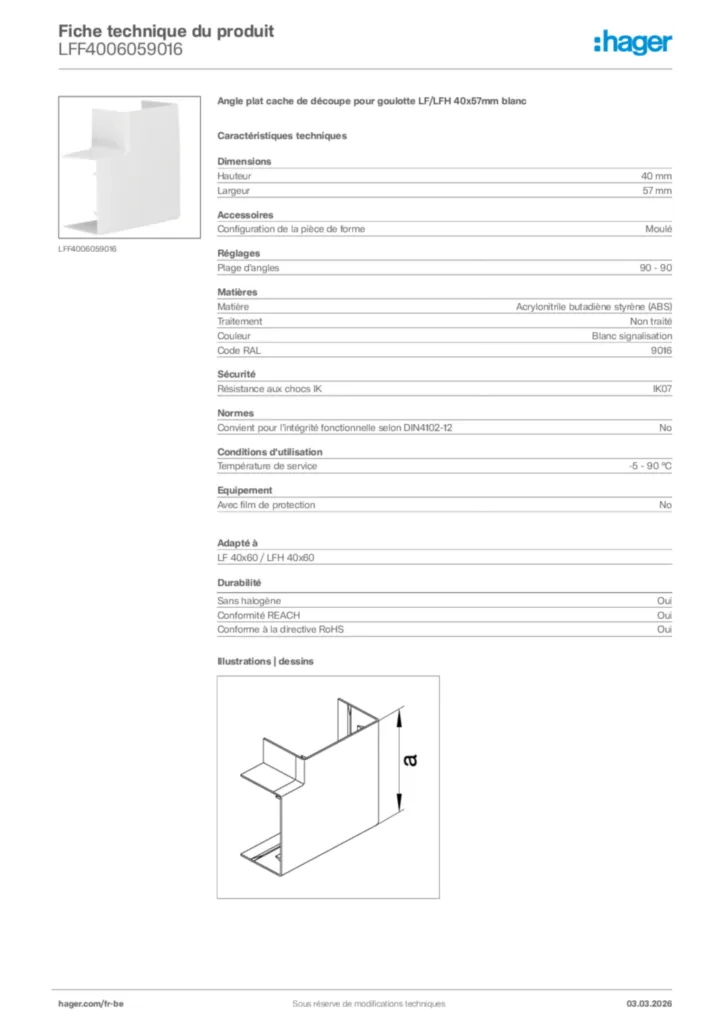 Image Hager Fiche technique du produit LFF4006059016 | Hager Belgique