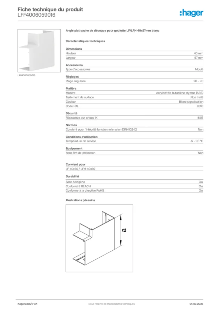 Image Hager Fiche technique du produit LFF4006059016 | Hager Suisse