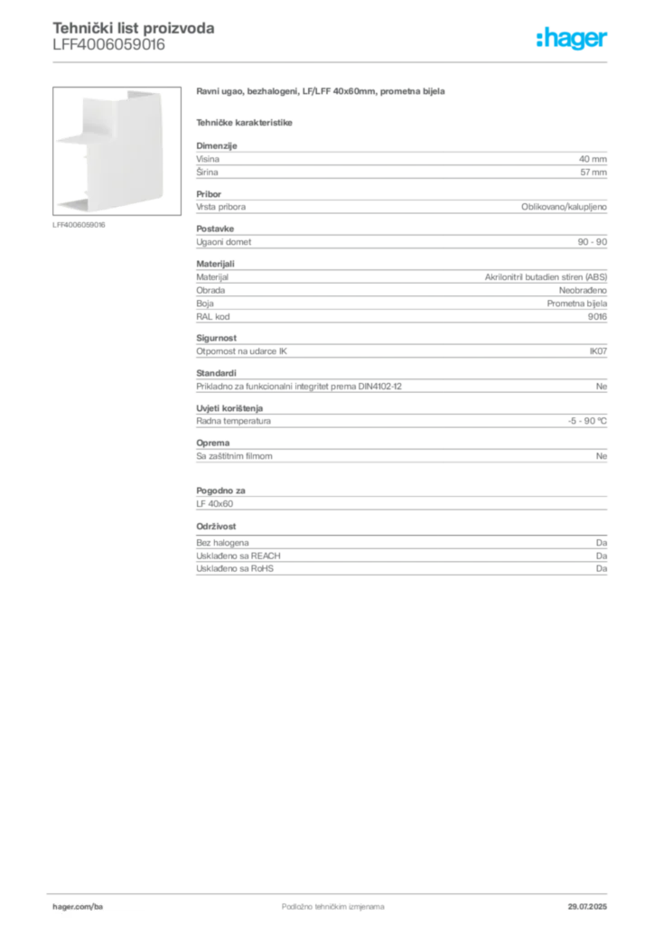 Slika Hager Product data sheet LFF4006059016  | Hager