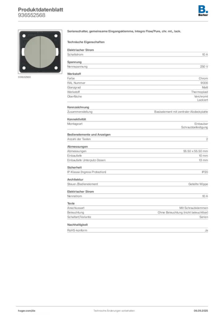 Bild Berker Produktdatenblatt 936552568 | Hager Deutschland